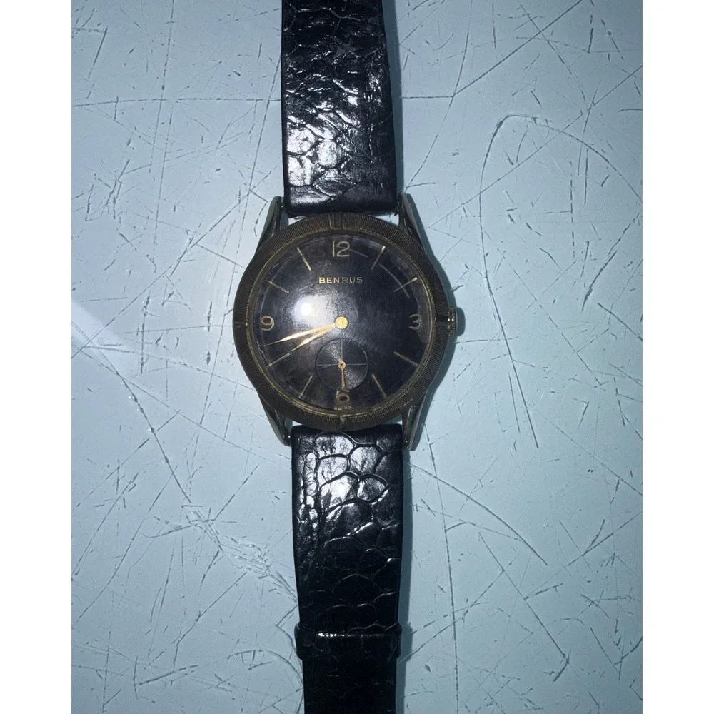 Vintage Benrus 17 Jewel Mechanical Watch 10K RGP Bezel‎ Black Dial Running